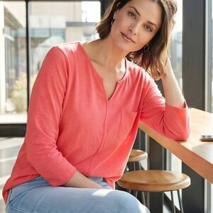 Chico's‎ 3 Slub Knit Notch Neck 3/4 Sleeve Pocket Tee Coral Orange XL
